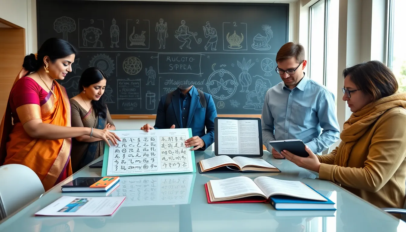 diverse students learning Sanskrit in a modern classroom.