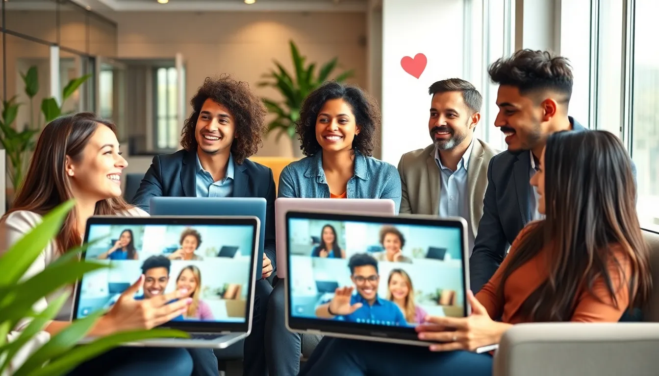 diverse professionals in a modern office during a virtual meeting.