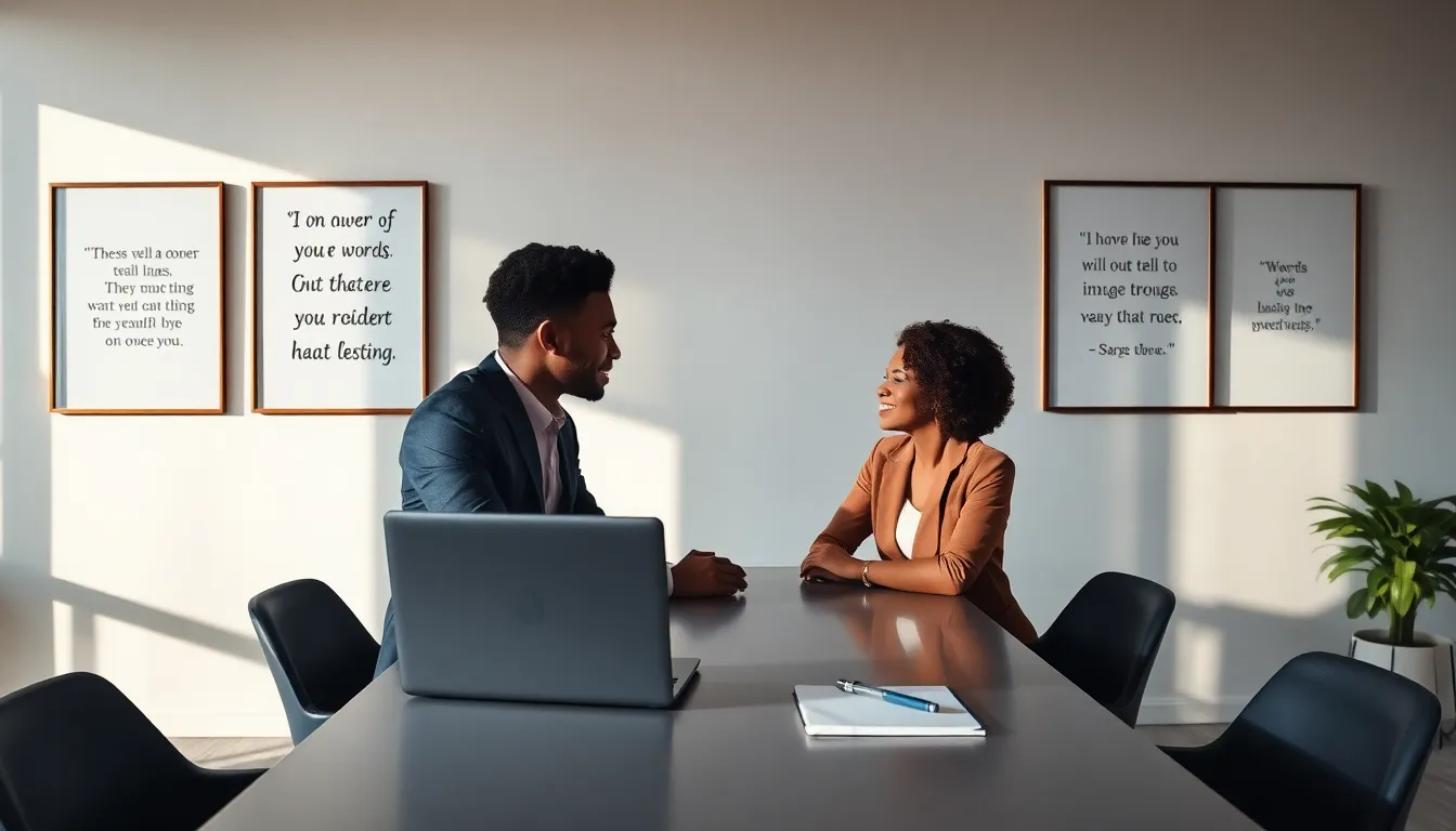 a diverse couple discussing relationship advice quotes in a modern office.
